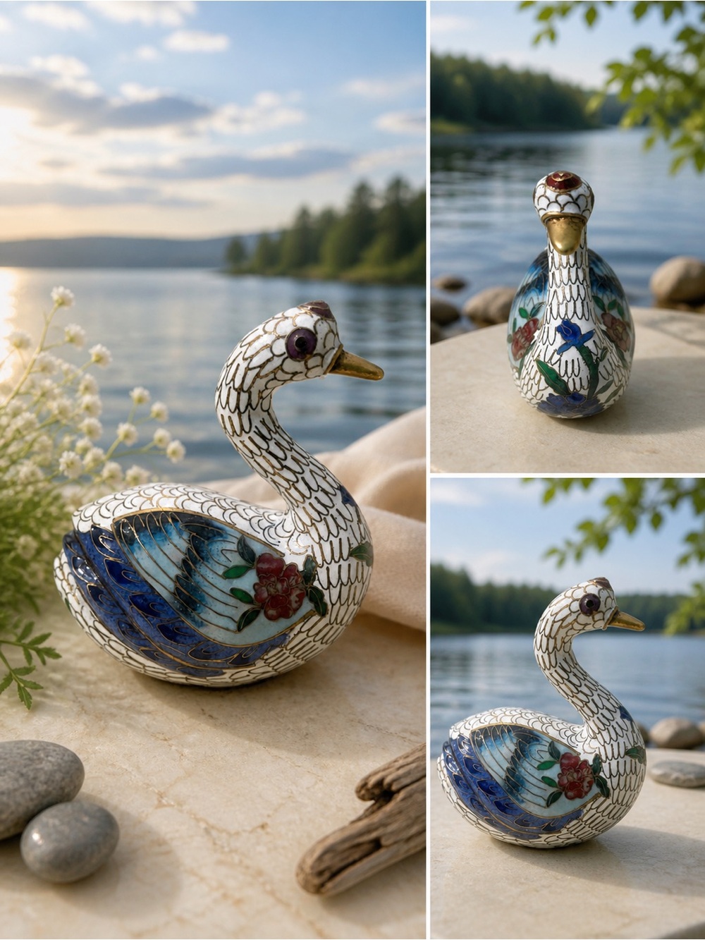 Hand-Painted Cloisonné Swan Figurine in White and Blue